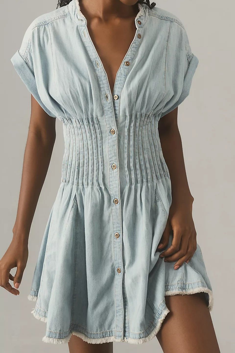 Anthropologie Pilcro Denim Light Shirred-Waist Buttondown Mini Dress
