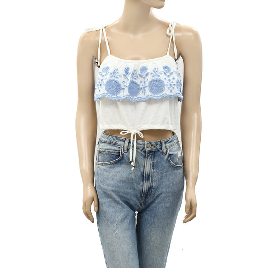Lucky Brand Floral Eyelet Embroidered Cropped Blouse Top