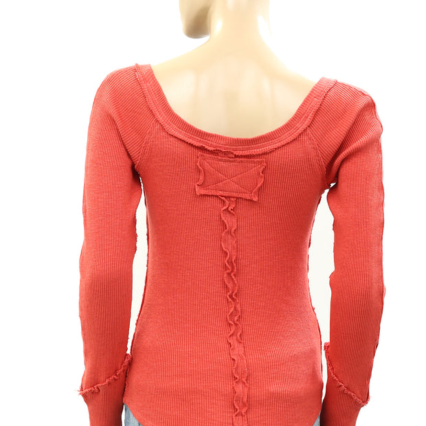 Free People Solid Ribbed Waffle Knit Long Sleeve Blouse Top