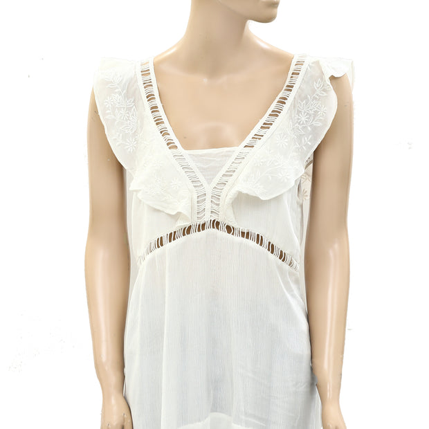 Drolatic Anthropologie Floral Embroidered Ruffle Tank Top