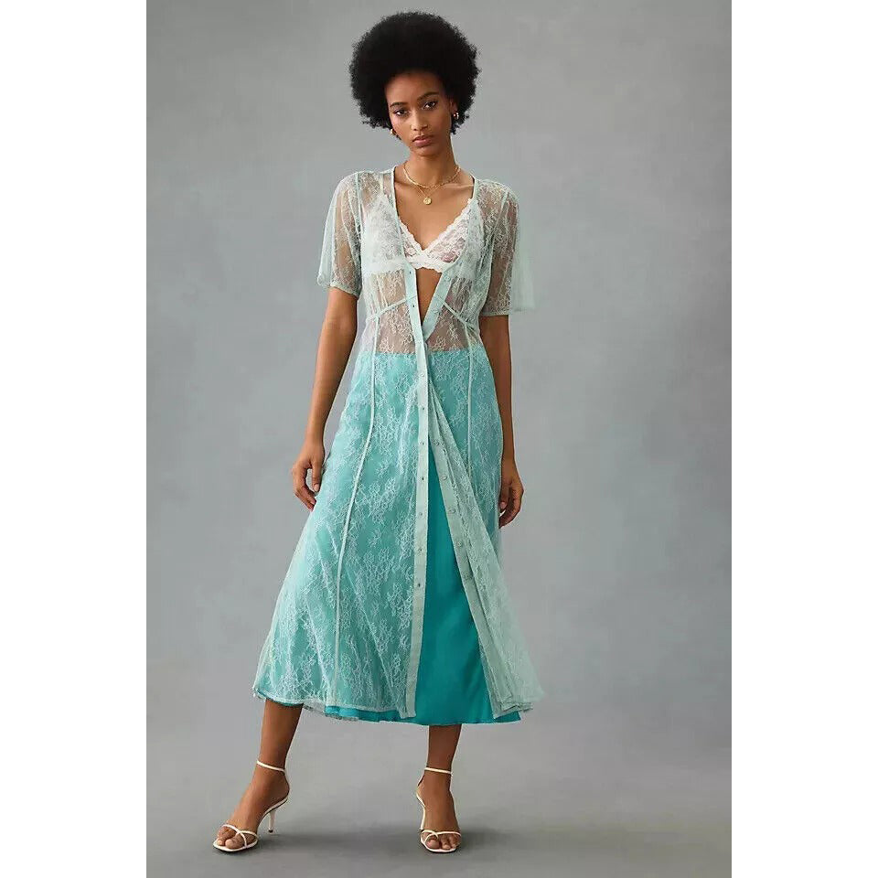By Anthropologie Sheer Lace Buttondown Shirt Midi Dress – White Chocolate  Couture