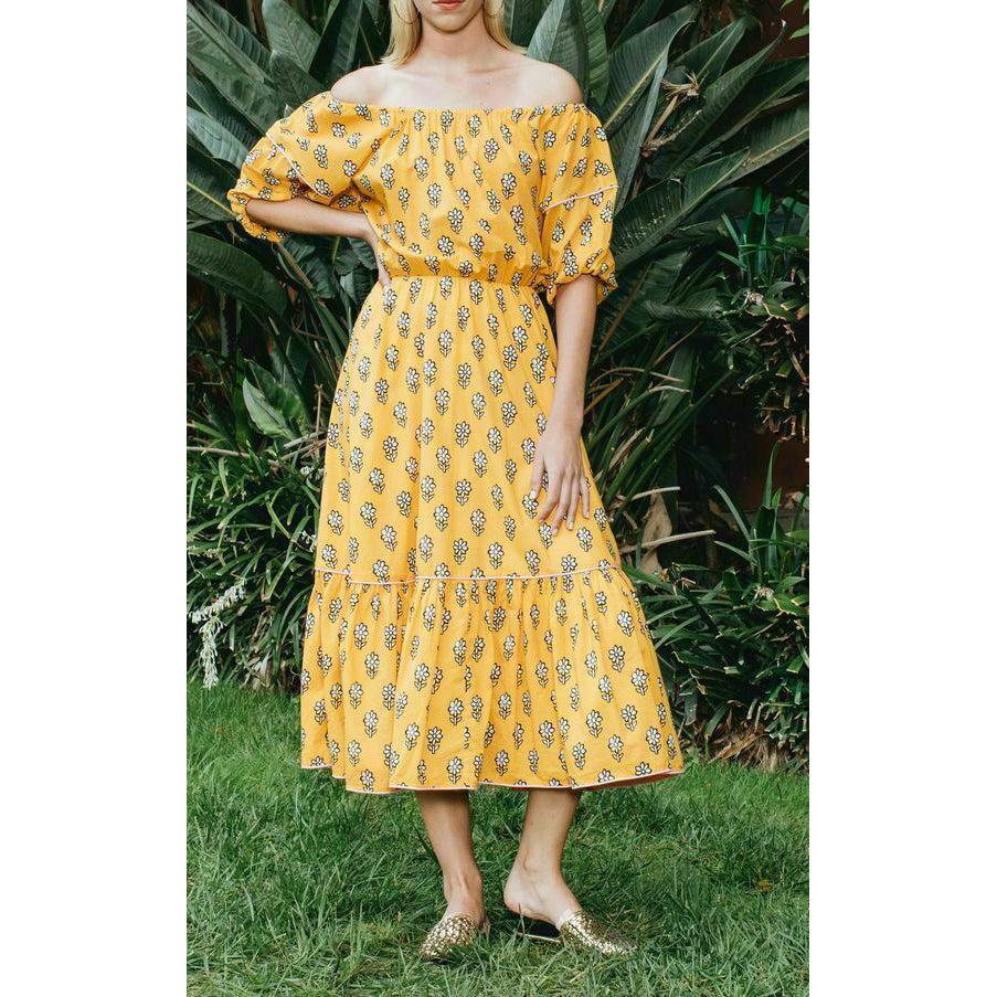 off the shoulder resort dress Rhode Resort Frida Off The Shoulder Yellow Midi Dress Yellow / M