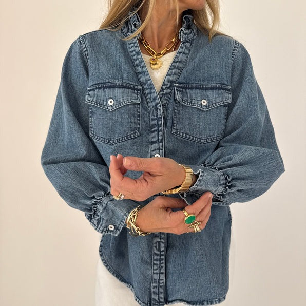 Kerri Rosenthal Puff Sleeve Denim Shirt Top