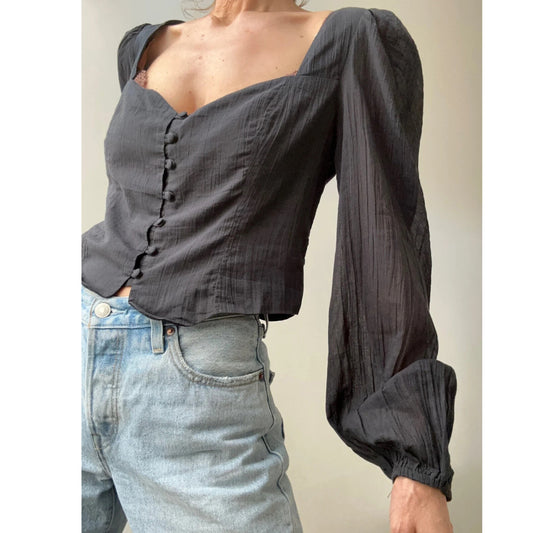 Free People Buttondown Smocked Cropped Blouse Top
