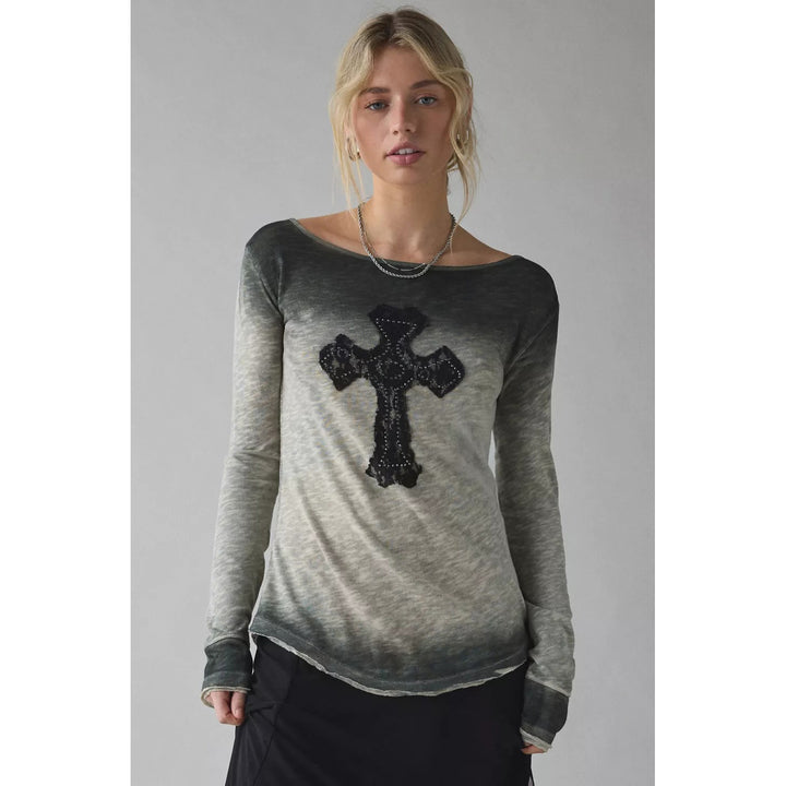 BDG Urban Outfitters Brynn Cross Applique Graphic Long Sleeve Tee Top