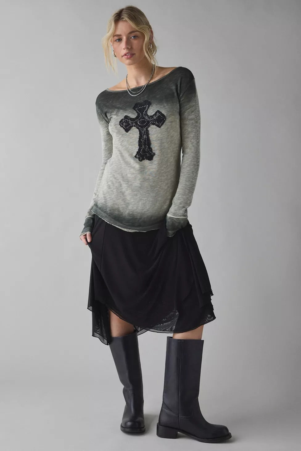 BDG Urban Outfitters Brynn Cross Applique Graphic Long Sleeve Tee Top