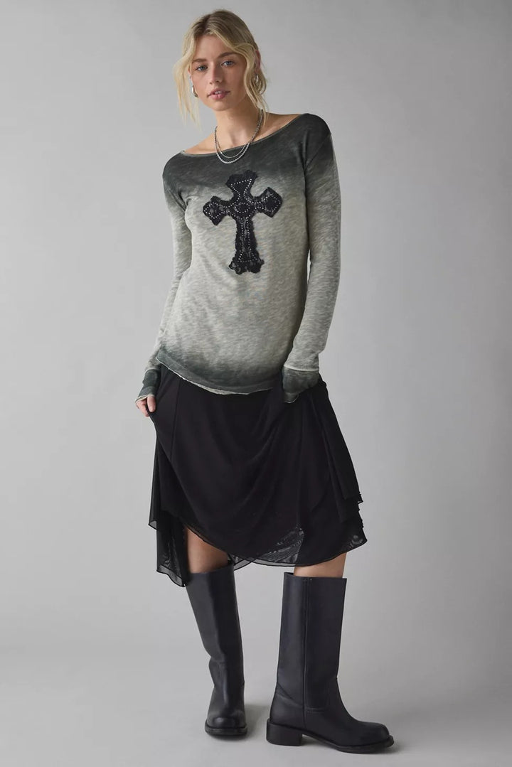 BDG Urban Outfitters Brynn Cross Applique Graphic Long Sleeve Tee Top