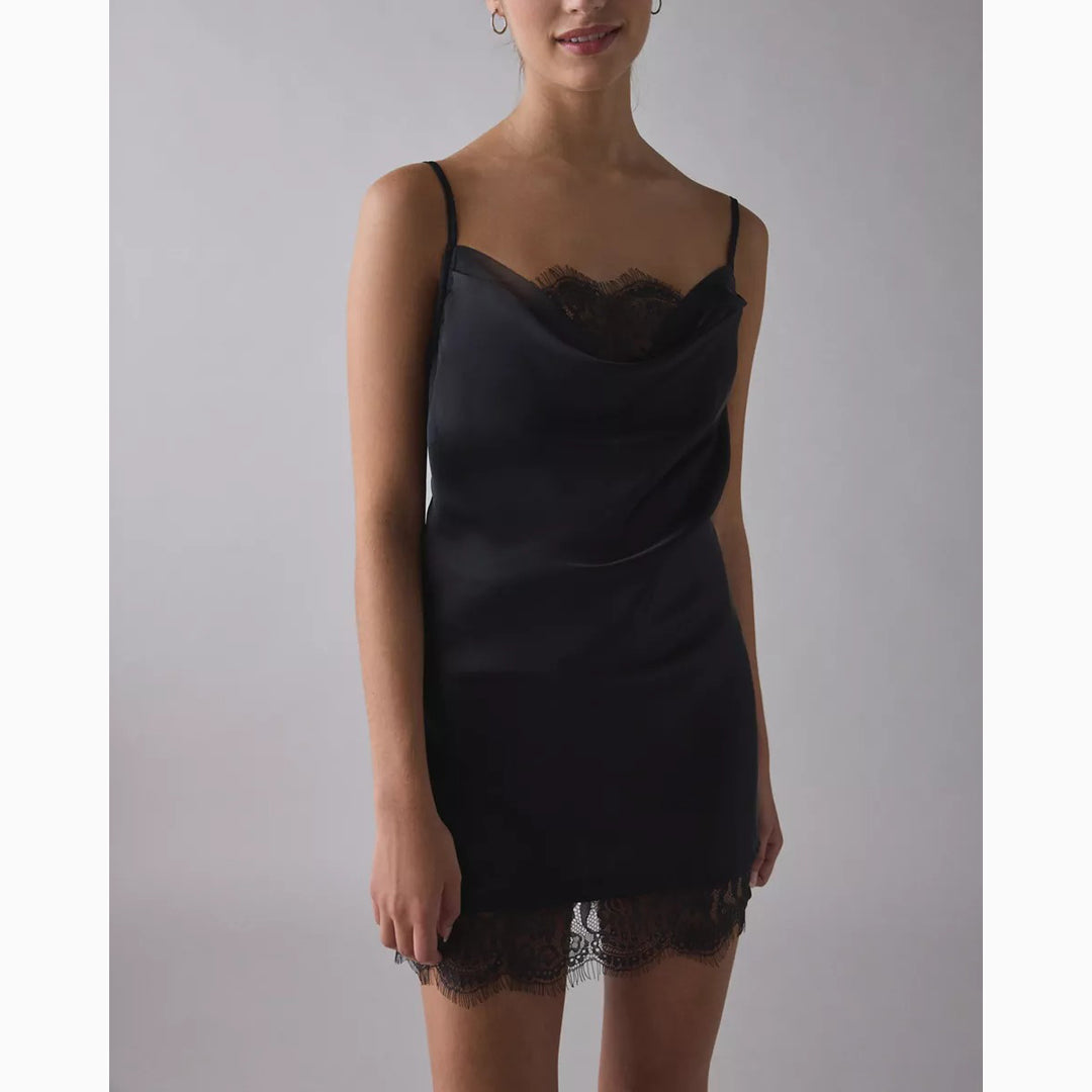 Out From Under Goodnight Kiss Lace Trim Cowl Neck Satin Slip Dress
