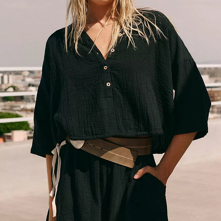 Free People Free-Est Cyrus Henley Cropped Blouse Top