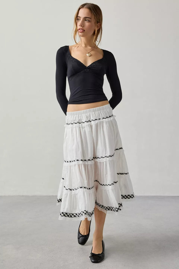 Urban Outfitters Kimchi Blue Esther Lace Trim Tiered Midi Skirt