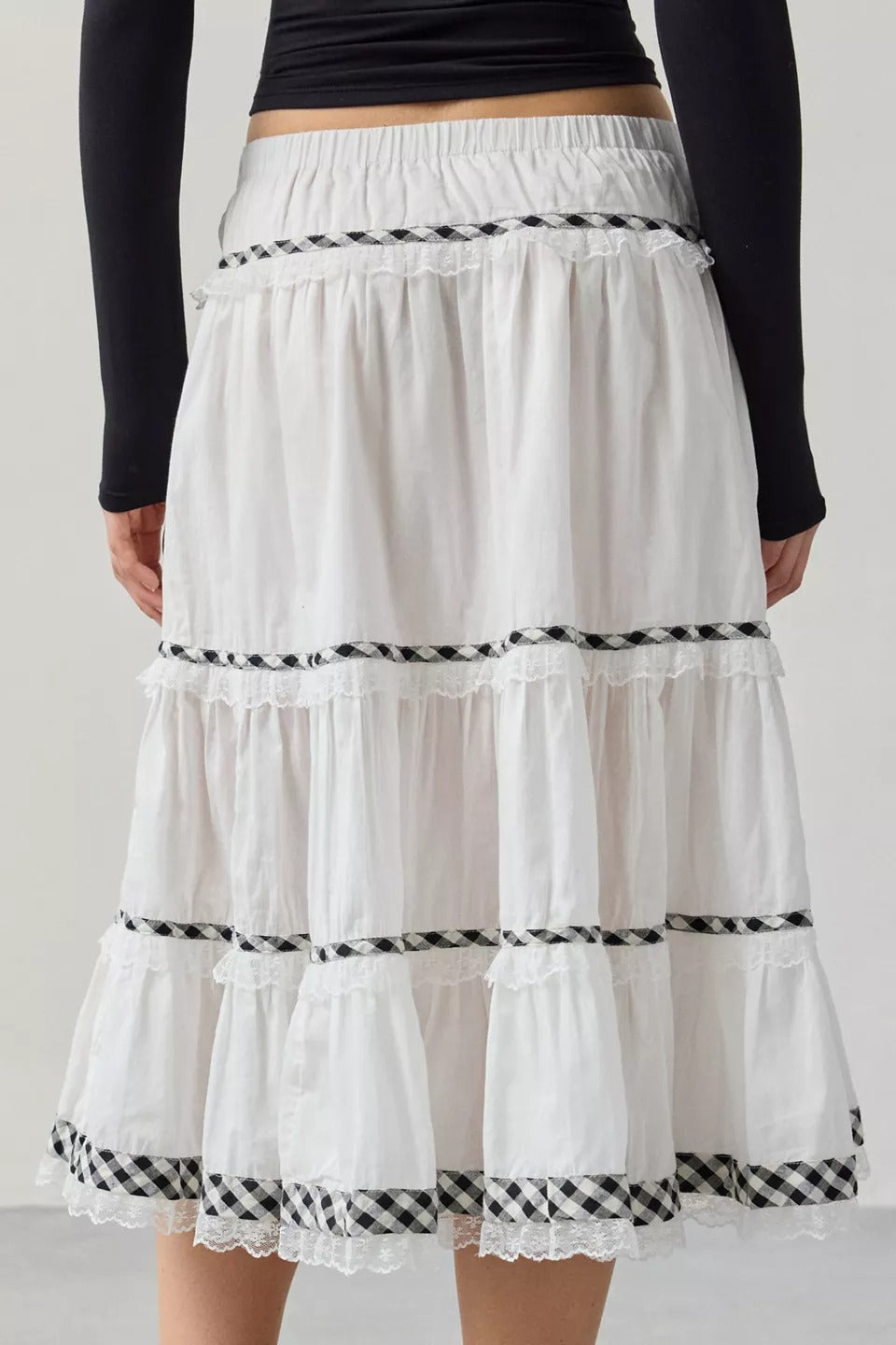 Urban Outfitters Kimchi Blue Esther Lace Trim Tiered Midi Skirt