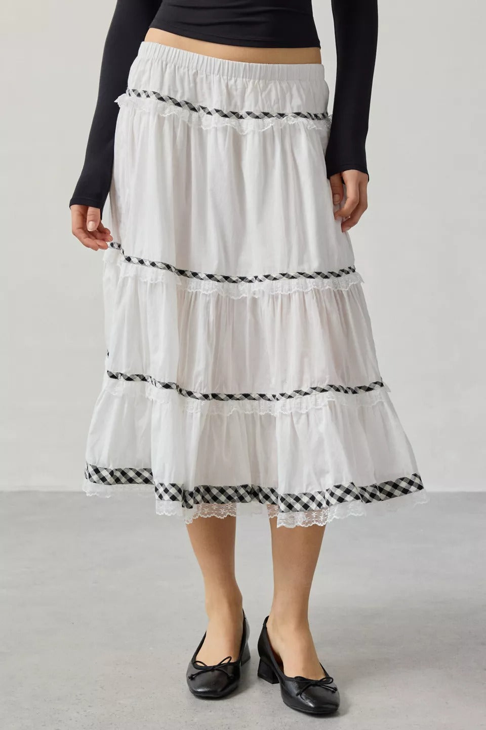 Urban Outfitters Kimchi Blue Esther Lace Trim Tiered Midi Skirt