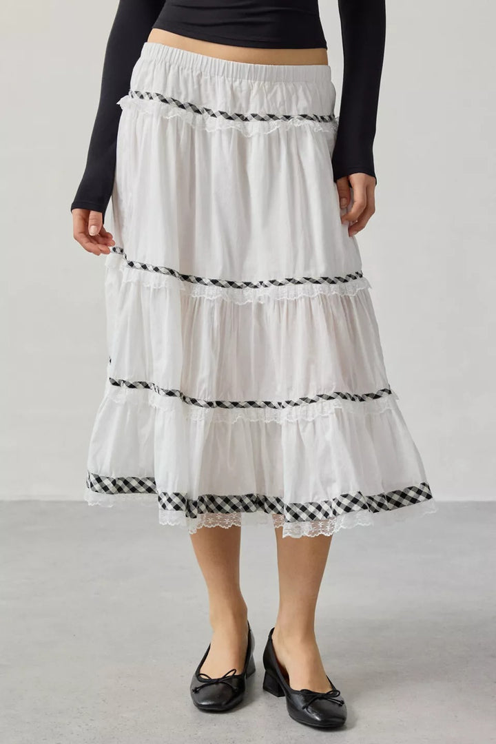Urban Outfitters Kimchi Blue Esther Lace Trim Tiered Midi Skirt
