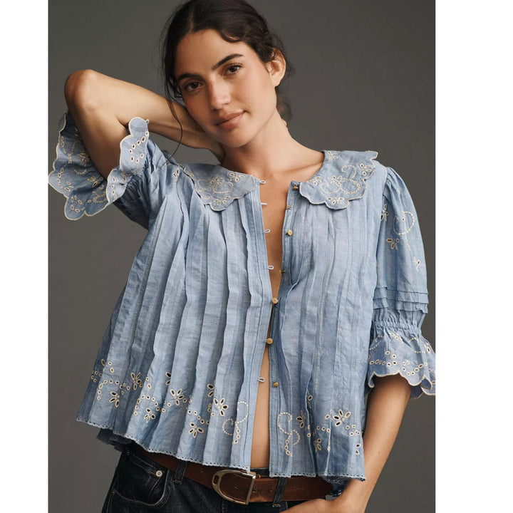 By Anthropologie Maeve Short-Sleeve Collared Pleated Blouse Top