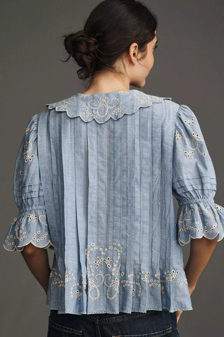 By Anthropologie Maeve Short-Sleeve Collared Pleated Blouse Top