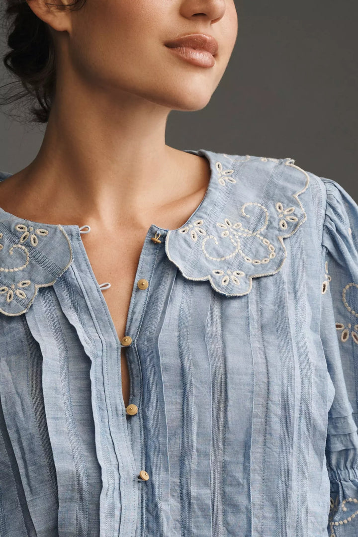 By Anthropologie Maeve Short-Sleeve Collared Pleated Blouse Top