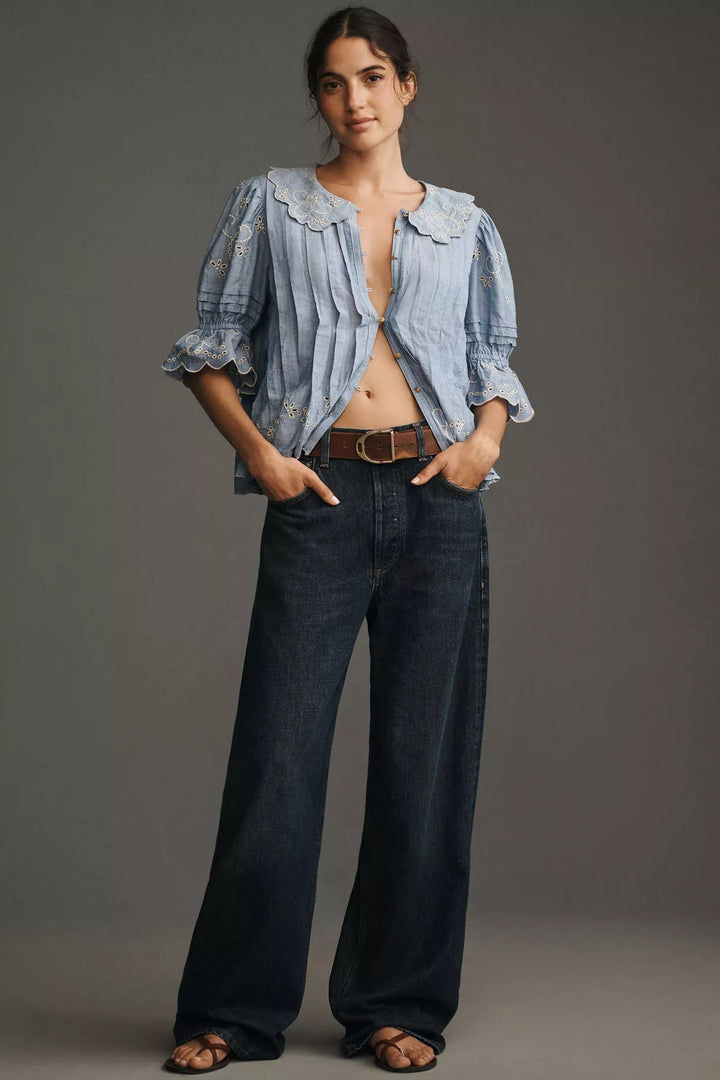 By Anthropologie Maeve Short-Sleeve Collared Pleated Blouse Top