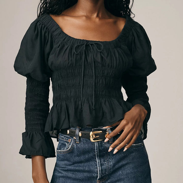 Anthropologie Long-Sleeve Smocked Babydoll Blouse Top