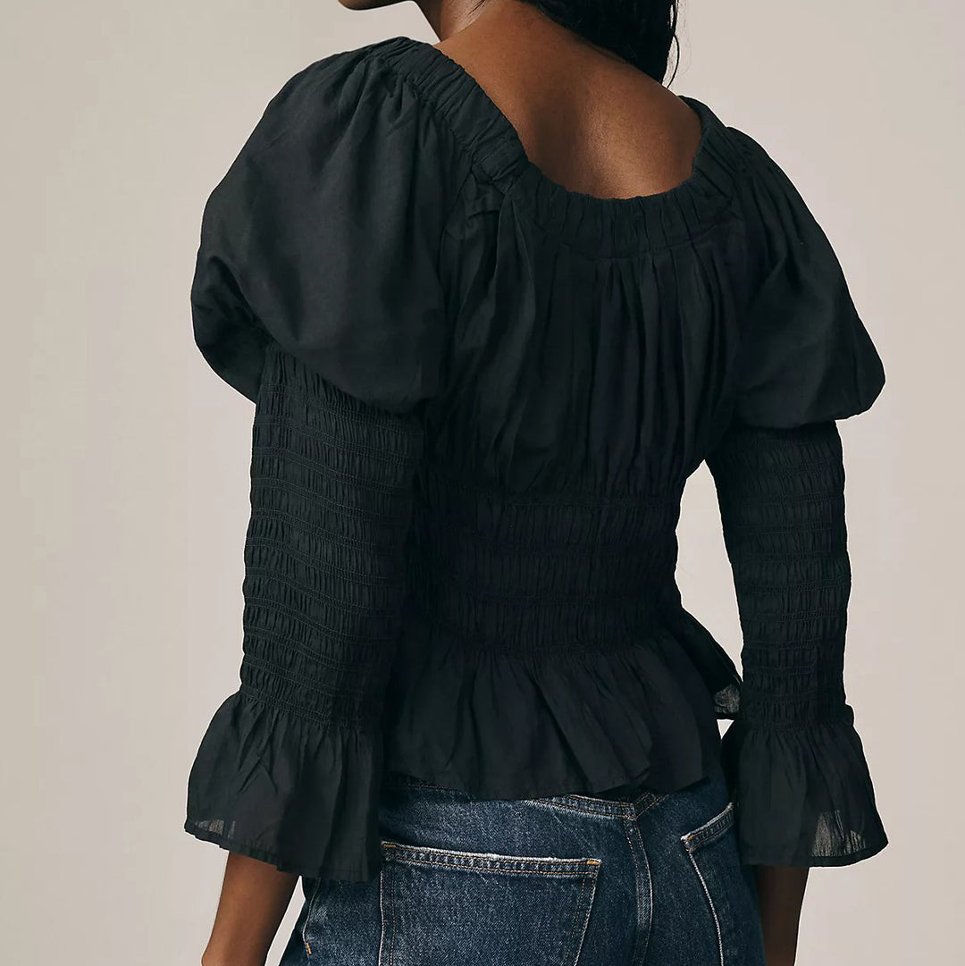 Anthropologie Long-Sleeve Smocked Babydoll Blouse Top