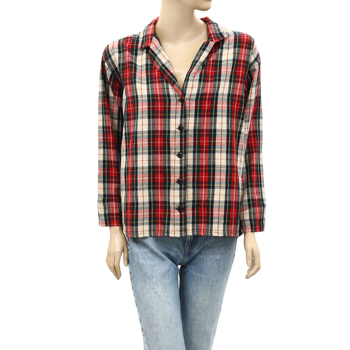 The Great Buttondown Cotton Check Collared Flannel Plaid Shirt Top