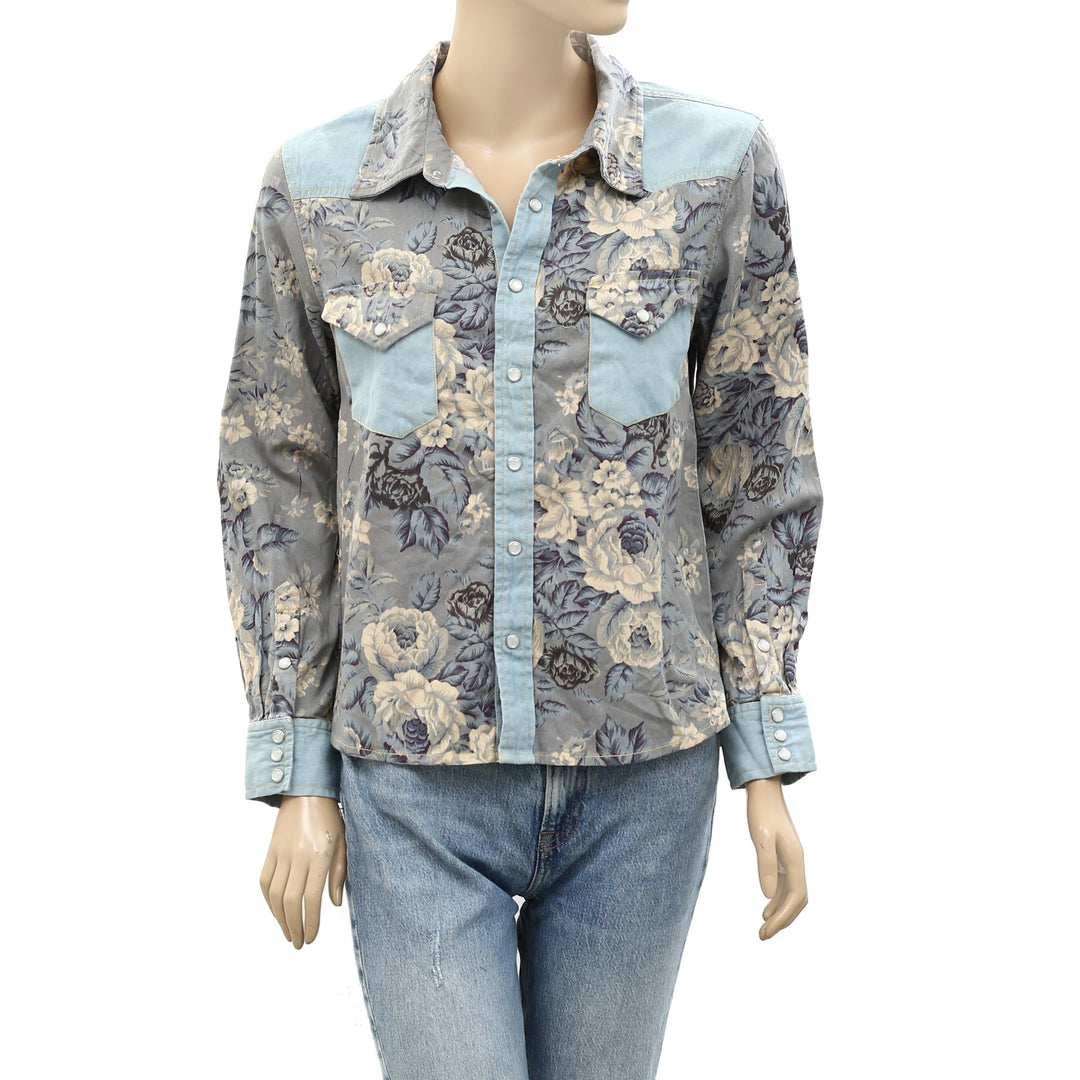 Love the label floral Chambray top buttondown blouse size XS