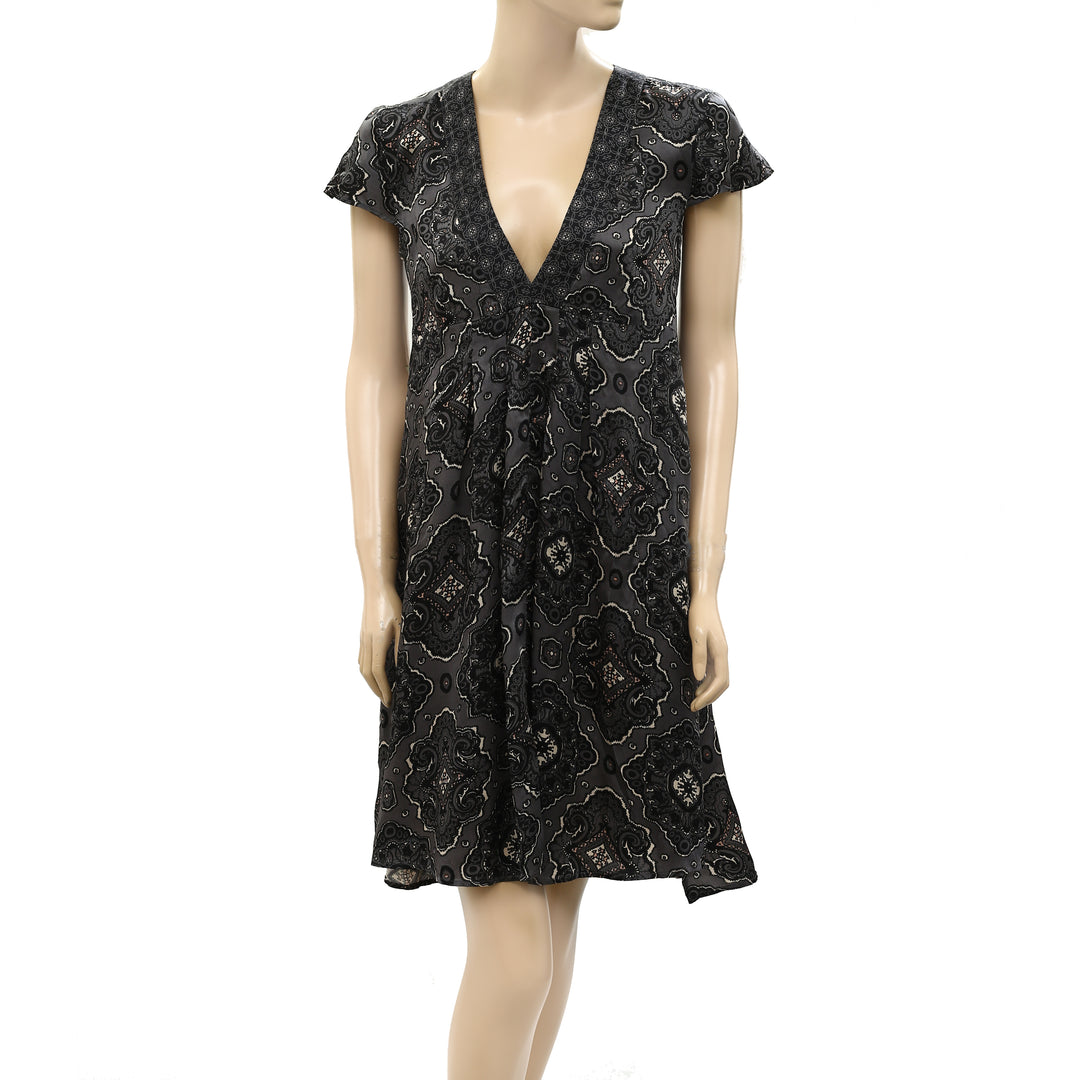 by anthropologie v neck printed mini dress Ruffle-Sleeve V-Neck Mini Dress