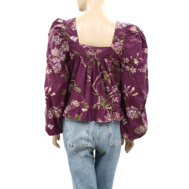 Love The Label Anthropologie Floral Puff-Sleeved Blouse Top