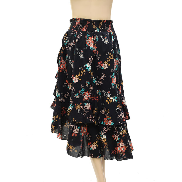 Odd Molly Anthropologie Floral Print Ruffle Midi Skirt