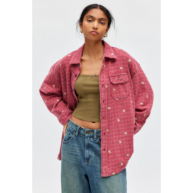 BDG Urban Outfitters Dani Embroidered Flannel Shirt Tunic Top