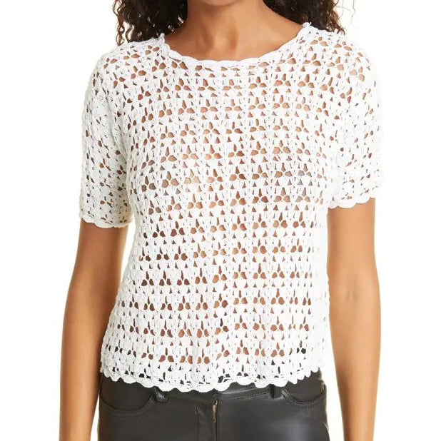 NILI LOTAN Odette Cotton Crochet Tee Blouse Top
