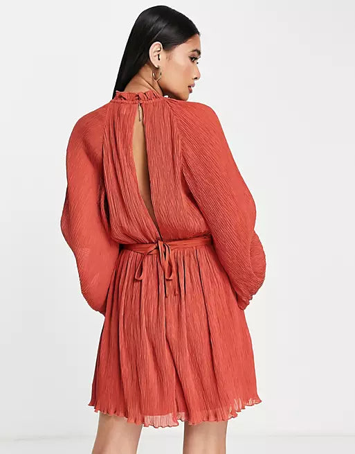 ASOS DESIGN High Neck Plisse Flare Mini Dress