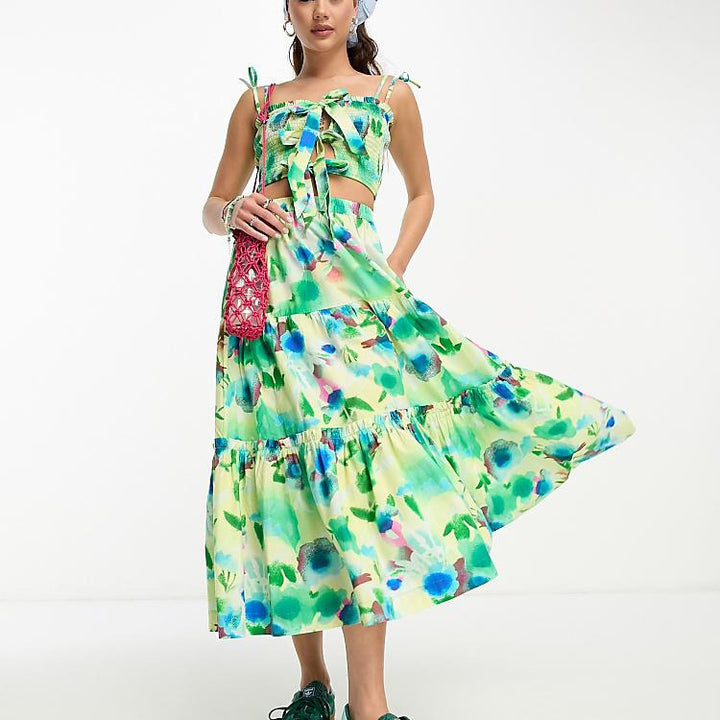 Damson Madder Painterly Floral Printed Tiered Midi Skirt