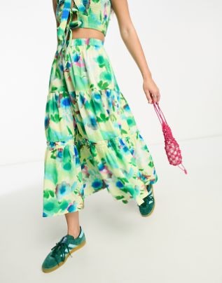 Damson Madder Painterly Floral Printed Tiered Midi Skirt