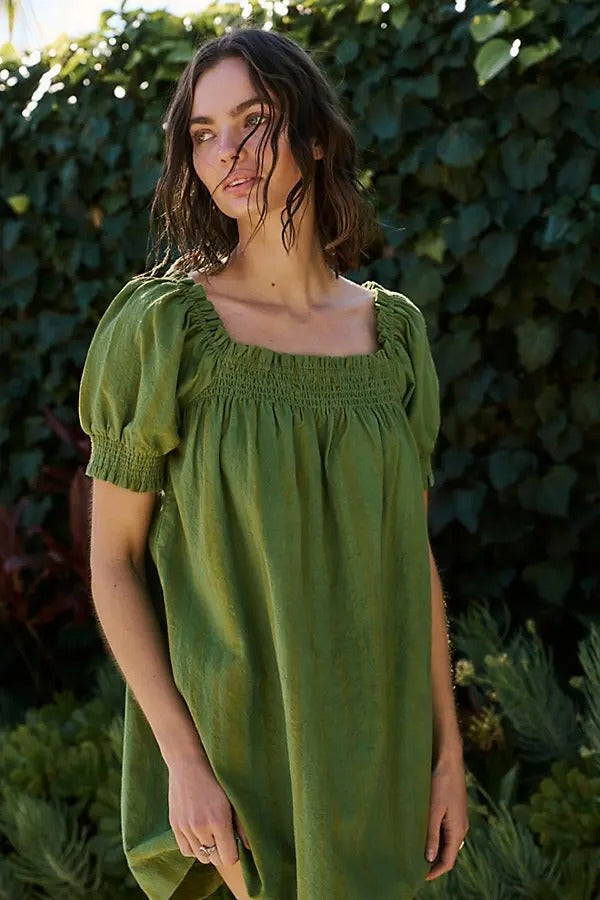 Free People Est Mila Mini Dress Smocked Puff Sleeve Shift