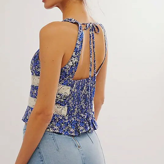 Free People Kiana Lace Floral Printed Blouse Tank Top