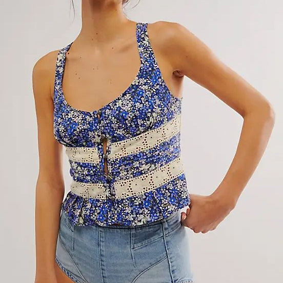 Free People Kiana Lace Floral Printed Blouse Tank Top