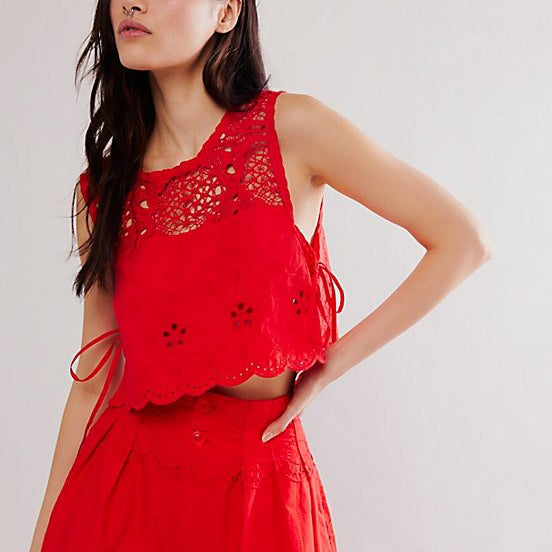 Free People How Sweet Floral Eyelet Embroidered Lace Cropped Blouse Top