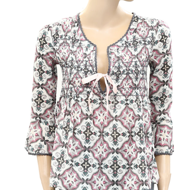 Odd Molly Anthropologie Ruched Printed Ruffle Blouse Shirt Top