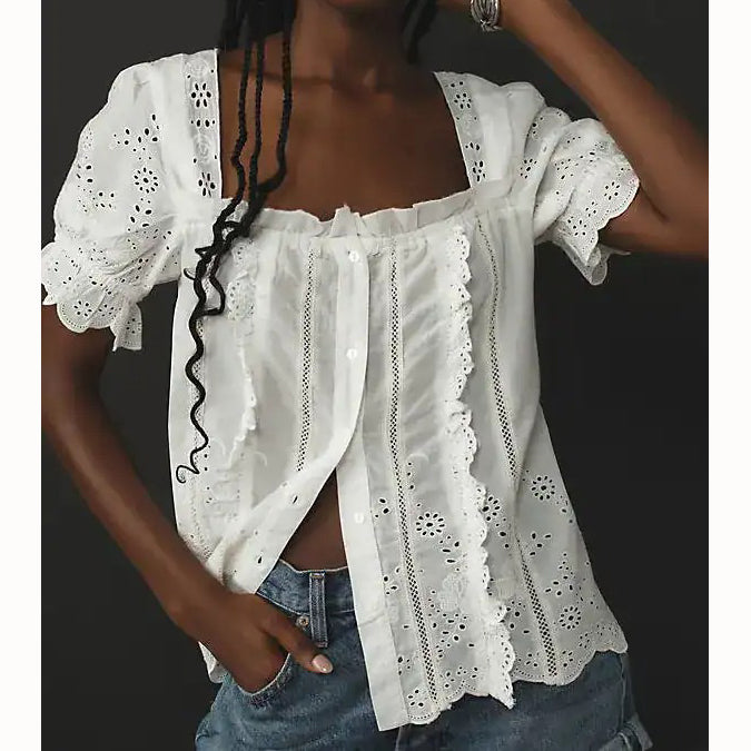 By Anthropologie Puff-Sleeve Eyelet Blouse Top