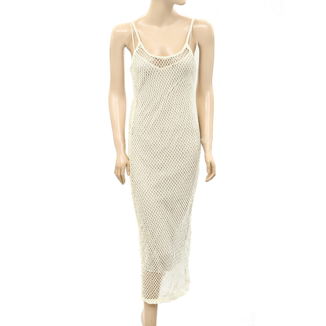 white crochet dress urban outfitters Bardot Andoni White Seashell Crochet Midi Dress