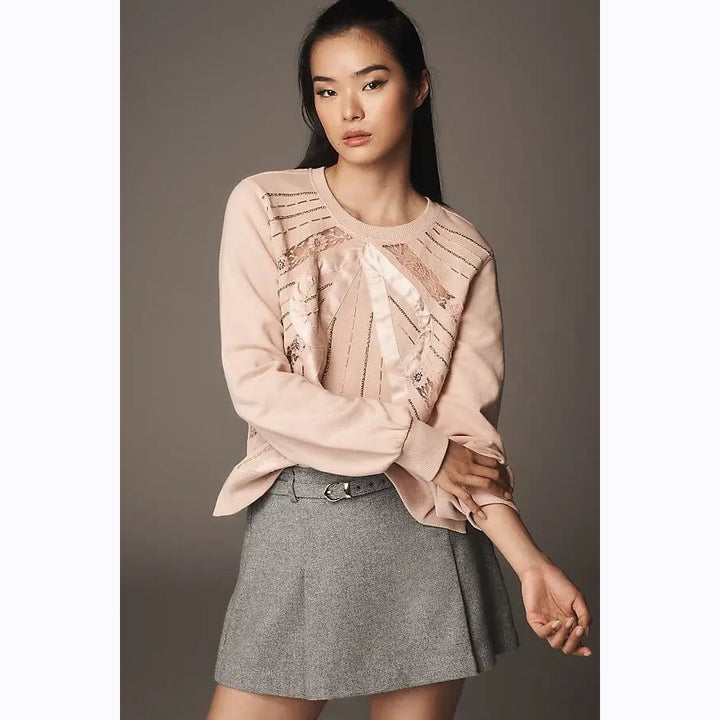 Anthropologie Beaded Bow Sweatshirt Top