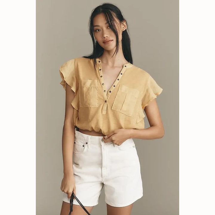 Anthropologie V-Neck Ruffle-Sleeve Knit Cropped Blouse Top