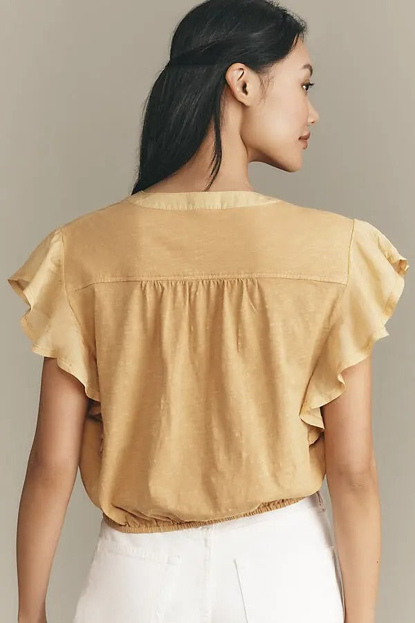 Anthropologie V-Neck Ruffle-Sleeve Knit Cropped Blouse Top
