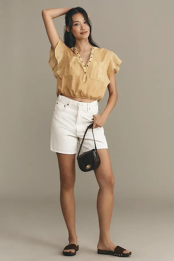 Anthropologie V-Neck Ruffle-Sleeve Knit Cropped Blouse Top