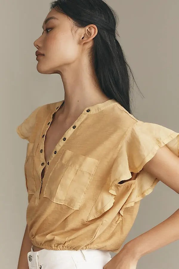 Anthropologie V-Neck Ruffle-Sleeve Knit Cropped Blouse Top