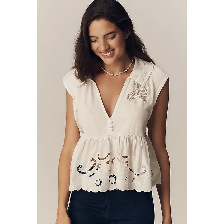 By Anthropologie Cutwork Babydoll Blouse Tank Top