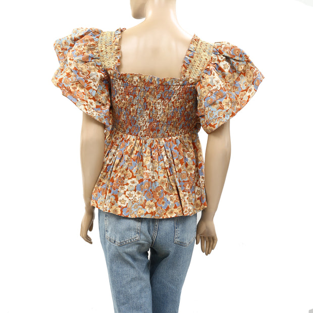 Anthropologie Love The Label Smocked Floral Printed Blouse Top