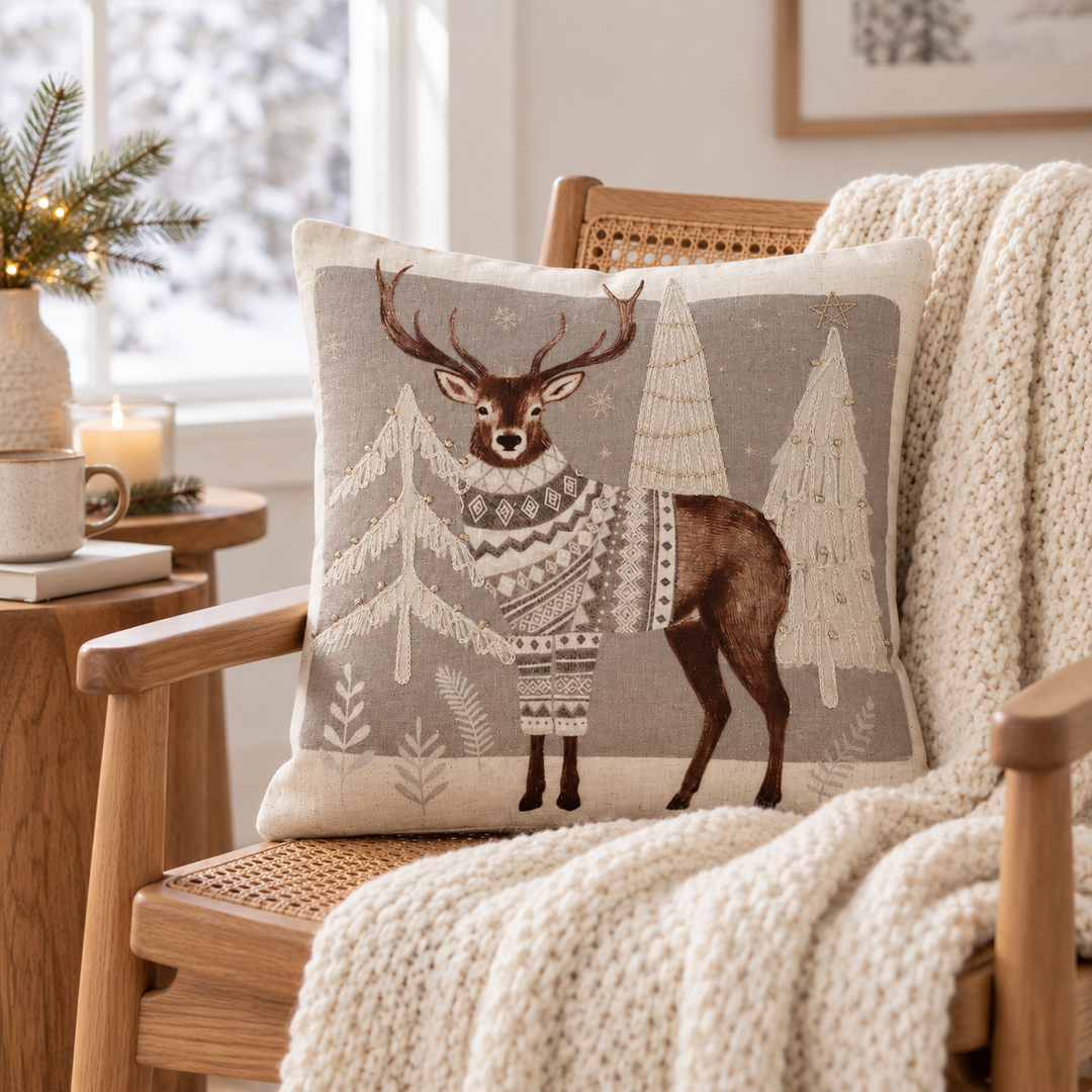1 PCS Deer Print Embroidered Cushion Cover Square Throw Pillow Sofa Home