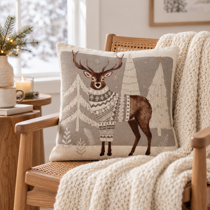 1 PCS Deer Print Embroidered Cushion Cover Square Throw Pillow Sofa Home