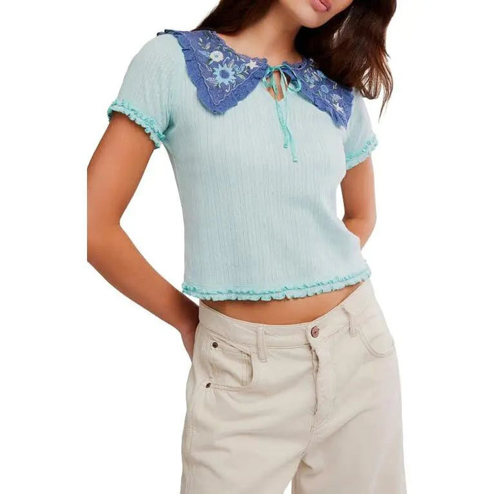 Free People Collared Pointelle T-shirt Blouse Top